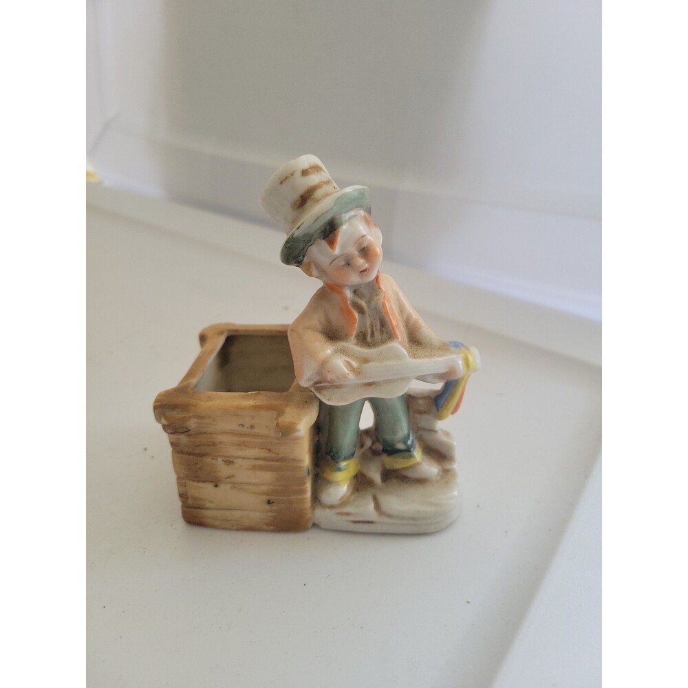 Vintage Mini Ceramic Figurine Planter Made in Japan Boy Playing Guitar Top Hat